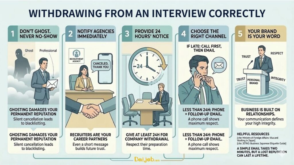 An infographic titled "MASTERING PROFESSIONAL ETIQUETTE: CANCELING INTERVIEWS THE RIGHT WAY" from Daijob.com, offering tips and advice for expats and job seekers in Japan. The image illustrates five crucial steps: avoiding ghosting or no-shows, notifying agencies promptly, giving 24 hours' notice, selecting the appropriate communication channel (phone first, then email for late cancellations), and emphasizing the importance of maintaining one's professional reputation and integrity. The infographic stresses the significance of business relationships and high integrity, highlighting the repercussions of ghosting and the importance of effective communication in the workplace. Helpful resources include links to the Ministry of Foreign Affairs and JETRO's Business Japanese Etiquette Guide, emphasizing the importance of professional conduct and Business Japanese etiquette for foreigners working in Japan.