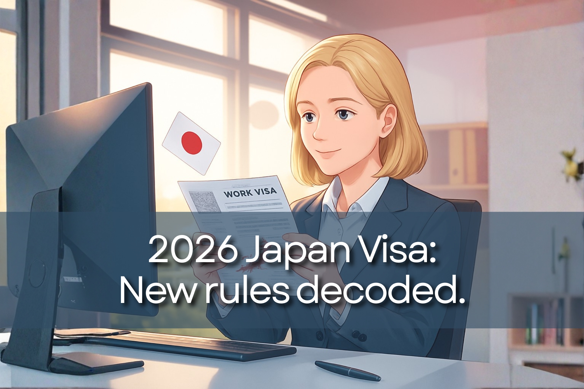 An illustrated woman in a business suit reviews a "WORK VISA" document, with a Japanese flag nearby, in an office setting. The text overlay reads "2026 Japan Visa: New rules decoded." This image serves as part of an expat career guide, likely on Daijob.com, explaining updated Japan visa rules for 2026, relevant to foreigners seeking jobs in Japan, including those who may have JLPT N2 proficiency or be eligible for the "Engineering-Humanities" visa (技人国 ビザ).