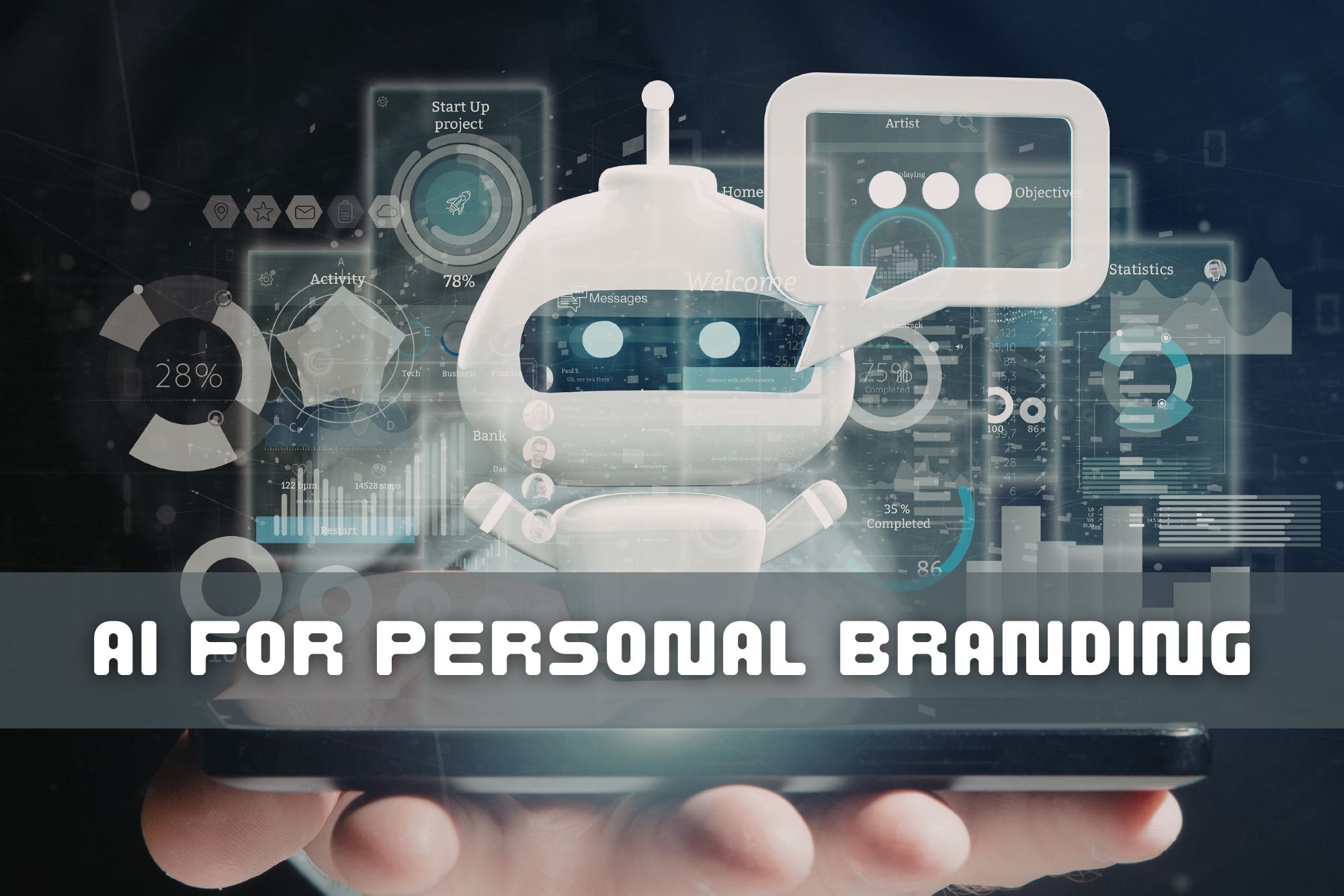 A person's hand holding a smartphone displaying an AI chatbot interacting with various data visualizations as holograms. The scene includes graphs, charts, statistics, and icons symbolizing project progress and analytics, with the text "AI FOR PERSONAL BRANDING" in focus. This futuristic digital illustration represents the application of AI in personal branding, suitable for an expat career guide on Daijob.com, emphasizing the use of AI for career advancement and professional development in Japanese or Business Japanese settings for foreigners seeking jobs in Japan.