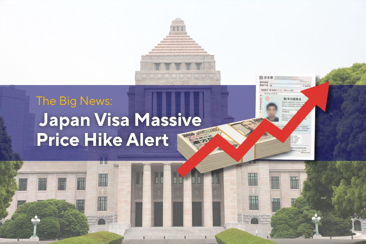 An image depicting the Japanese Parliament building with a superimposed text "The Big News: Japan Visa Massive Price Hike Alert" on the left side. Alongside are stacks of 10,000 yen bills and a Japanese document, emphasizing the topic of visa price hikes in Japan. This visual connects with discussions on expat career guidance, advice, Daijob, Japan, overseas, visa price hike, foreigners, inflation, work opportunities in Japan, jobs for foreigners, My Number, and Myna Portal.