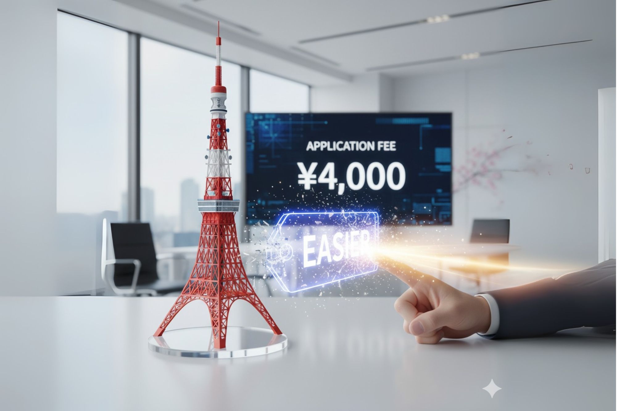 A miniature Tokyo Tower sits on a desk in front of a screen displaying application fees. A hand points to a glowing tag, suggesting permanent residency Japan made easier.