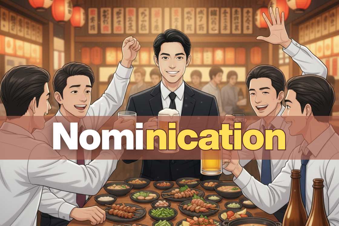 A group of Japanese businessmen in suits and ties gathered around a table laden with food and drinks in a traditional Japanese izakaya setting. They are raising their glasses in a toast. The scene captures a nomikai, an after-office party in Japan, reflecting the concept of "nominication" where colleagues communicate through drinking, embodying a key aspect of Japanese office culture and social gatherings.