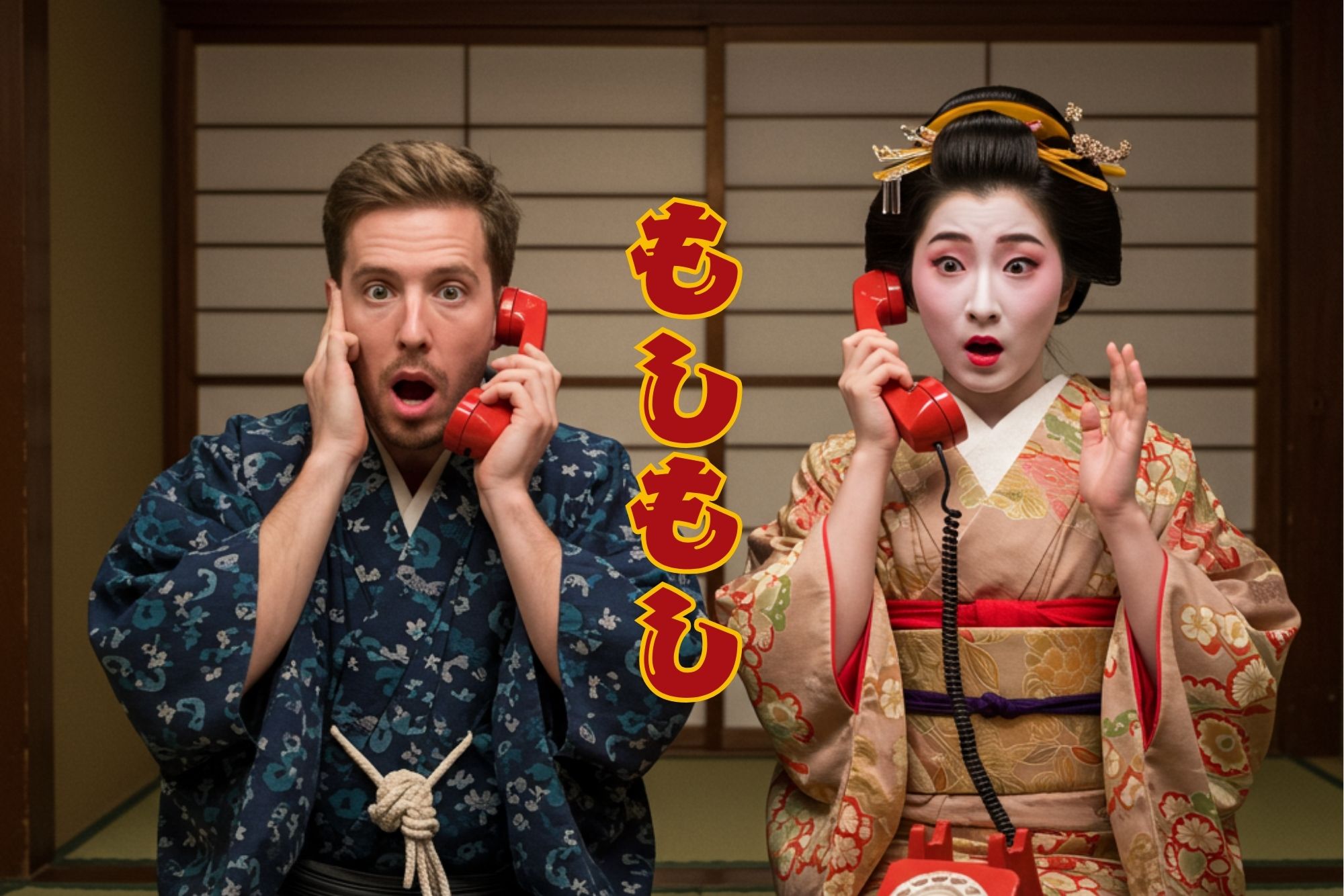 A Caucasian man in a blue kimono and a Japanese woman dressed as a geisha stand in front of a traditional Japanese room, both holding red rotary phones to their ears with shocked expressions. The Japanese characters "ももも" are vertically stacked between them.