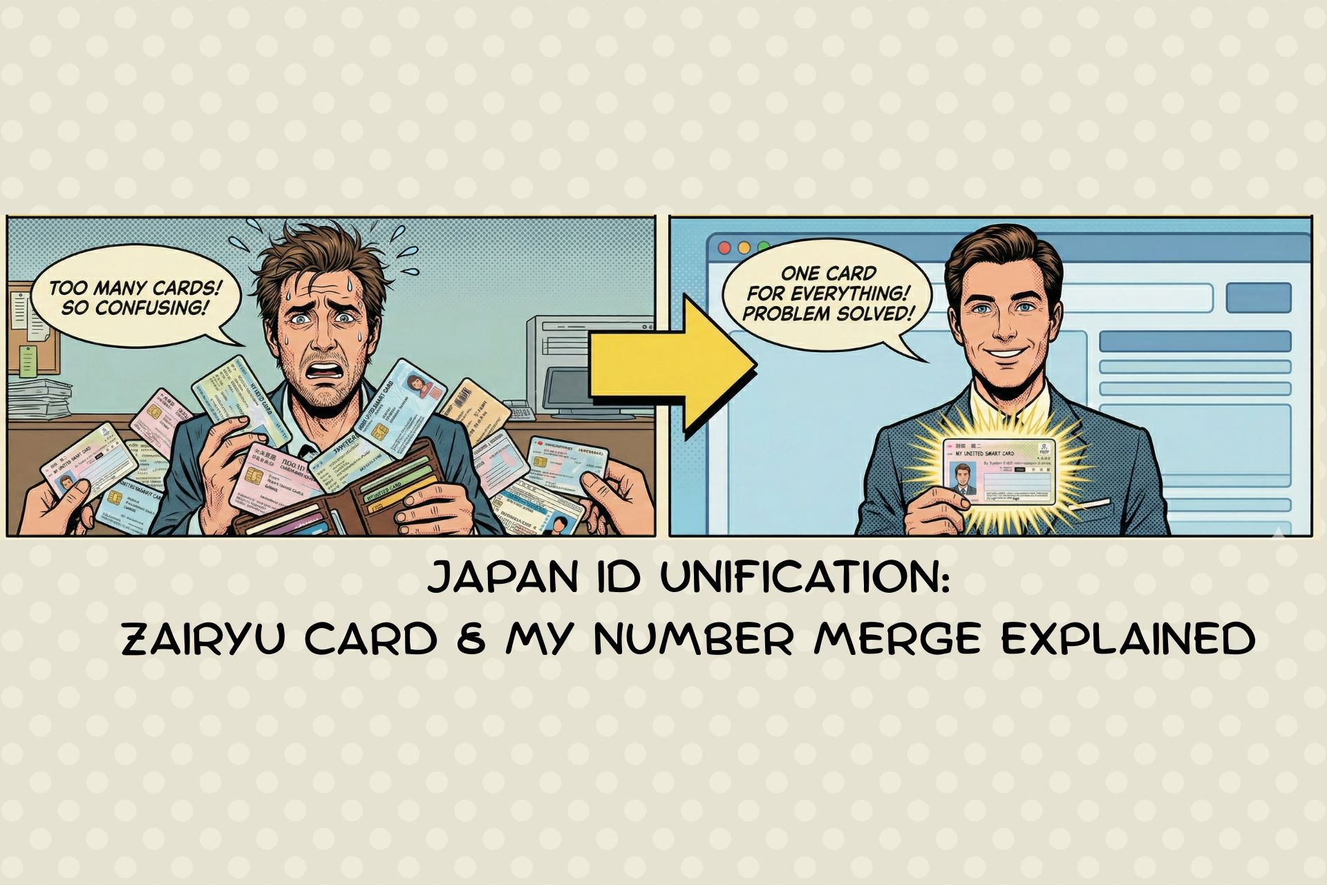 A comic strip-style illustration showing a man overwhelmed by multiple cards, expressing confusion with "TOO MANY CARDS! SO CONFUSING!" in a speech bubble. On the right, another man smiles, holding up a single card, with the speech bubble reading "ONE CARD FOR EVERYTHING! PROBLEM SOLVED!". The text below explains the unification of Japan's identification cards, including the Zairyu Card and My Number, into a single card for simplification. Relevant keywords include expat career guide, advice, Daijob, Japan, residence card, Zairyu Card, foreigners, insurance card, work in Japan, jobs for foreigners, My Number, Myna Portal, Myna Insurance Card, Juminhyou, driver's license, driving license, and Tokutei Zairyu Card.