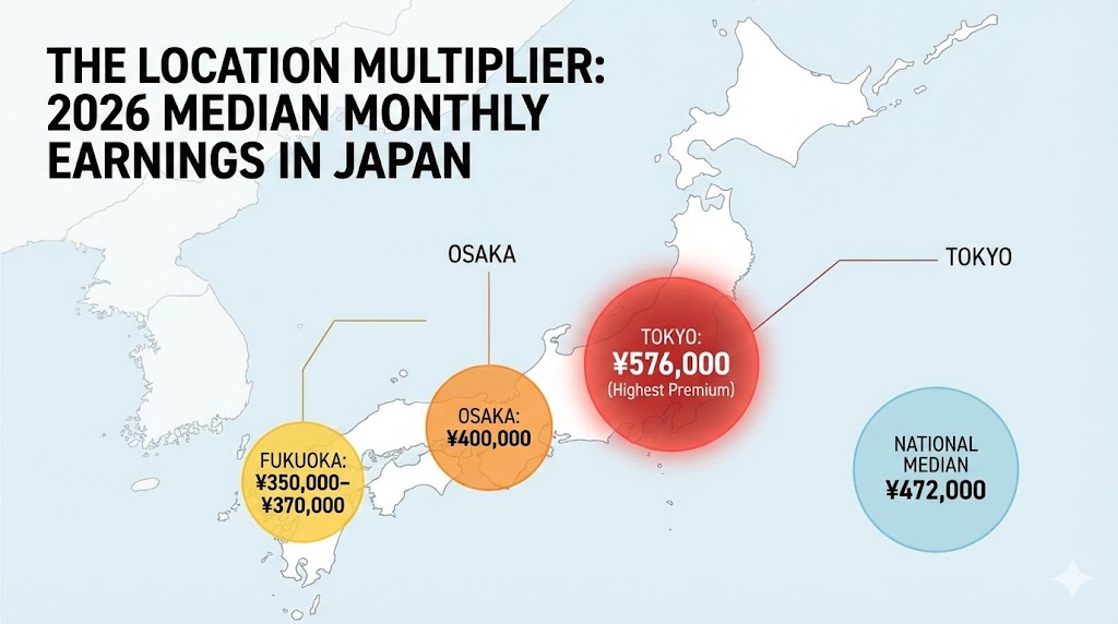 A map depicting the "Location Multiplier" for 2026 median monthly earnings in Japan. Highlights include Tokyo (¥576,000, highest premium), Osaka (¥400,000), and Fukuoka (¥350,000-¥370,000). The national median earning is shown as ¥472,000. This data is crucial for Daijob's expat career guide, offering insights into salary expectations across various regions like Tokyo, Osaka, and Fukuoka, relevant for expats seeking jobs in Japan. The information covers IT jobs, finance positions, leadership roles, AI technology jobs, bilingual opportunities, and salary details for 2026.