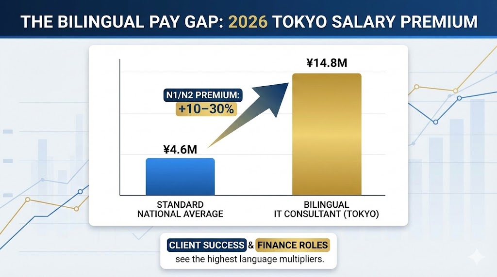 A bar chart comparing salary differences for a Bilingual IT Consultant in Tokyo in 2026. The chart displays the "Standard National Average" salary of ¥4.6M and the salary for a "Bilingual IT Consultant (Tokyo)" at ¥14.8M, indicating an "N1/N2 Premium" of +10-30%. The text mentions that "Client Success & Finance Roles" offer the highest language multipliers. This data is significant for Daijob's expat career guide, detailing salary premiums and opportunities for IT jobs, finance positions, leadership roles, and bilingual jobs in Tokyo for 2026.