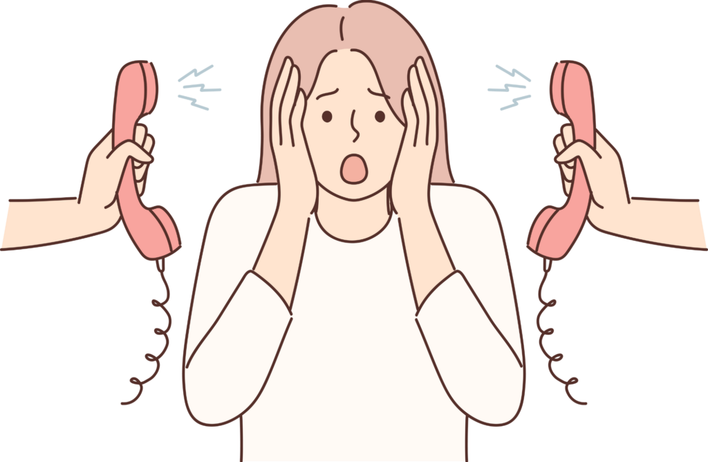 A cartoon illustration of a woman with light pink hair and a white shirt, looking shocked with her hands on either side of her face. Pink, old-fashioned telephones are held on either side of her, emitting sound waves. The background is black, conveying a sense of being overwhelmed with information.