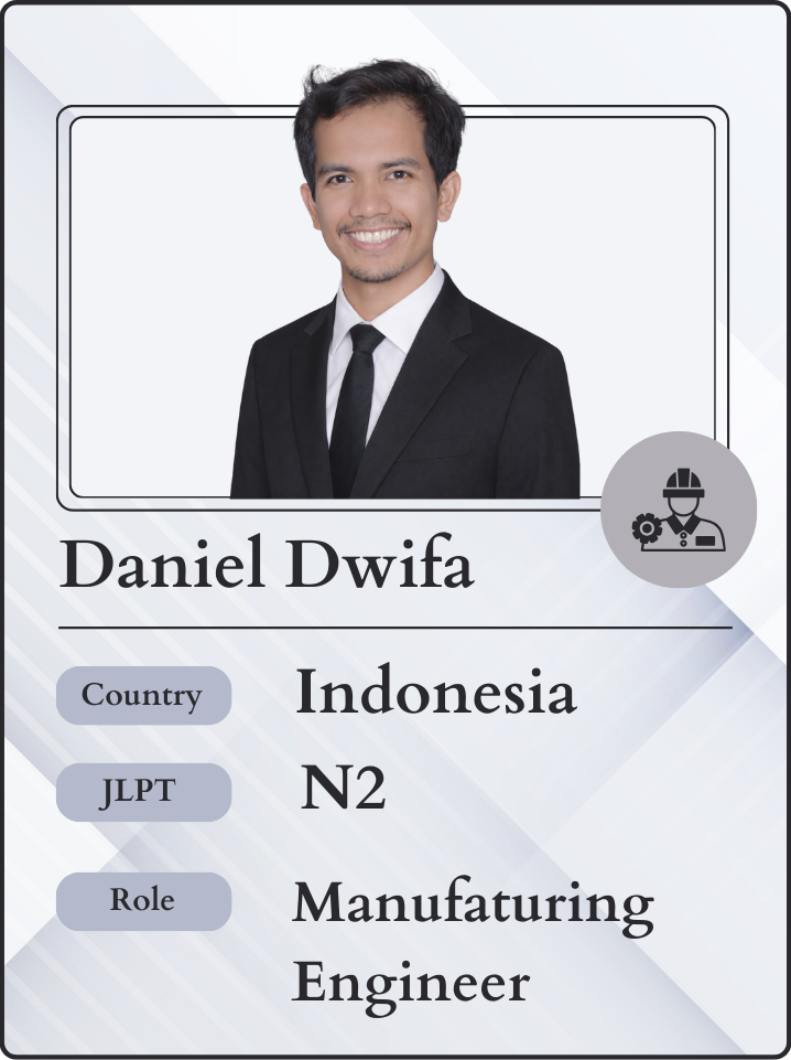 Daniel Dwifa, a Manufacturing Engineer from Indonesia with JLPT N2 certification, featured in a trading card-style graphic. This image is pertinent to an expat career guide focusing on work opportunities in Japan for foreigners, particularly in manufacturing engineering. It aligns with themes of securing a stable life for children, parenting in Japan as a foreigner, and insights into earnings and remuneration for 2026, potentially in cities like Osaka