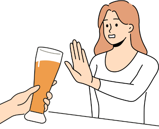 An illustration of a woman with light brown hair and a white shirt holding up her hand to refuse a tall glass of beer. The background is black. This image reflects the concept of 'nominication' and the culture of nomikai, where alcohol is involved, as the woman chooses to say no to a drink.