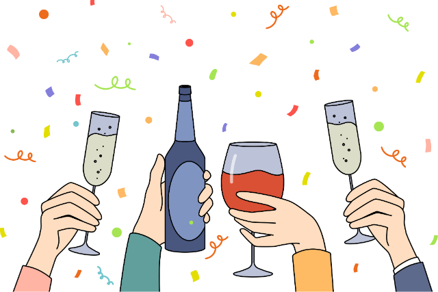 An illustration featuring hands raising glasses of champagne and wine, accompanied by a wine bottle, set against a backdrop of colorful confetti on a black background. The scene evokes a celebratory atmosphere with alcohol during a social gathering or party.