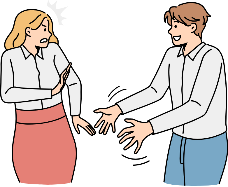 An illustration depicting a woman in a pink skirt recoiling with a shocked expression, gesturing "stop," while a man with blue pants reaches towards her with open hands. This illustration symbolizes a scenario related to Workplace Harassment in Japan, relevant for an expat career guide providing advice on recognizing and responding to such situations in a new cultural context.