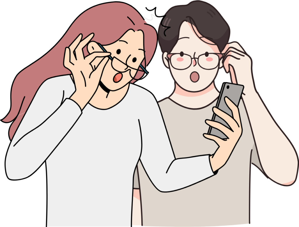 An illustration showing a woman with pink hair and a man, both wearing glasses, looking at a smartphone with surprised expressions. This image could symbolize the reaction of expats to a visa price hike in Japan, reflecting financial considerations for foreigners seeking work in Japan. Relevant keywords include expat career guide, advice, Daijob, Japan, visa price hike, overseas, inflation, work in Japan, and jobs in Japan for foreigners.