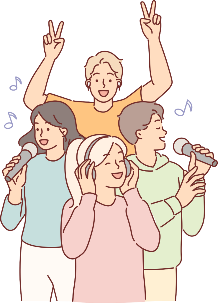 A group of people holding microphones and singing or performing, with one person in the foreground raising their hand in a peace sign. The scene conveys joy, celebration, and a musical performance.