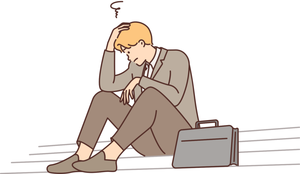 A cartoon illustration of a man with blond hair, dressed in a brown suit, sitting on the ground with his head in his hand. A swirl above his head suggests distress or confusion, while a briefcase is placed next to him. The background features a black backdrop with white lines resembling a floor or ground surface.