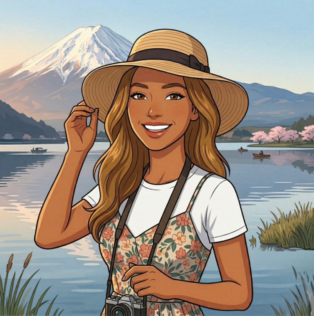 An illustrative scene showing a woman with blonde hair in a sunhat, smiling and holding a vintage camera in a serene Japanese landscape with Mount Fuji in the background and cherry blossom trees in bloom. This vibrant image, suitable for Daijob.com's expat career guide, visually represents the experience of living and working in Japan for foreigners. It symbolizes aspects of "Career Advancement in Japan" for individuals working in foreign-affiliated companies, potentially appealing to those seeking opportunities as consultants or recruiters in Japan.