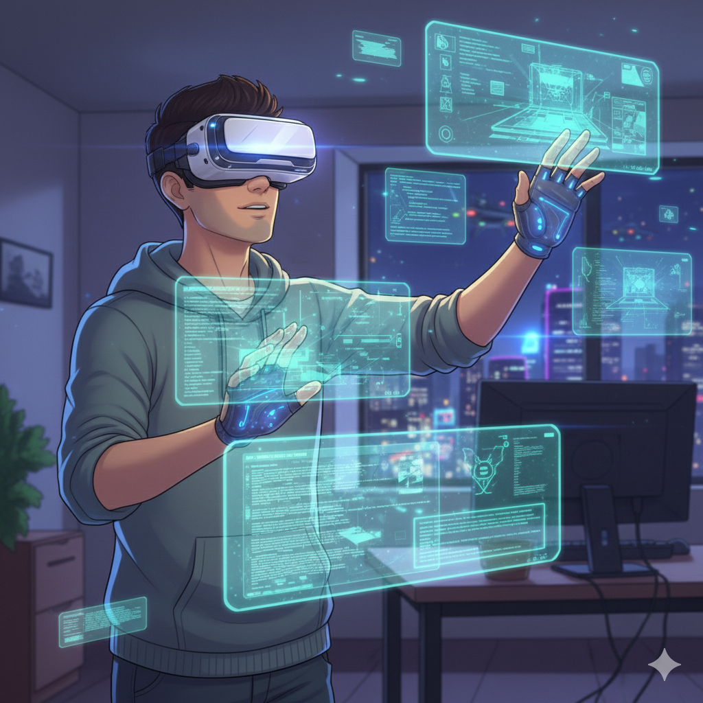 A man wearing a VR headset and sensor gloves interacts with floating holographic screens displaying code and diagrams. In the background, a city skyline is visible through a window. This image is suitable for an expat career guide, offering advice on AR/VR software engineer roles overseas, particularly on Daijob, for individuals considering opportunities outside of Sri Lanka.
