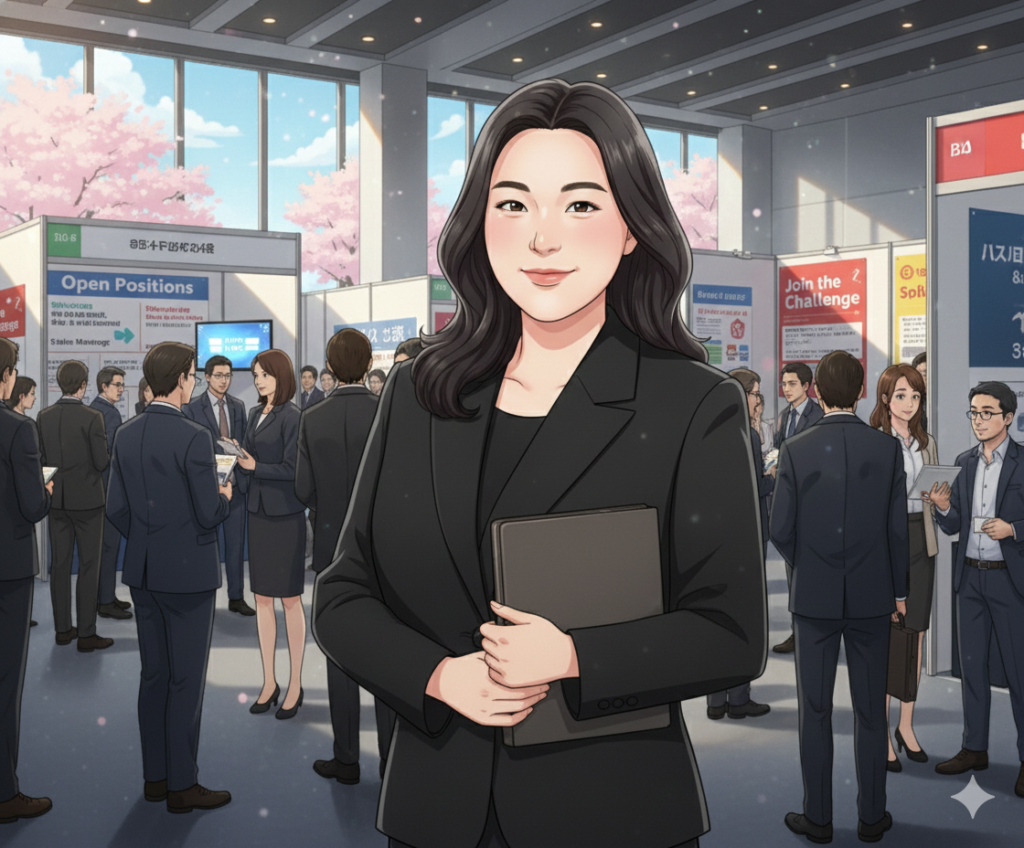 A woman in a black suit stands at a career fair in Japan, surrounded by booths and job seekers. The scene includes signs in English and Japanese saying "Open Positions" and "Join the Challenge." Cherry blossoms are visible through a window in the background. Relevant to an expat career guide, showcasing networking opportunities and job prospects in Japan for foreigners.