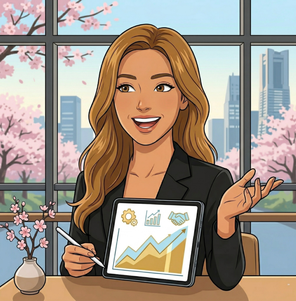 A digital illustration featuring a woman with long, wavy brown hair, dressed in a black blazer, seated at a table in a professional setting in Japan. She is holding a stylus and pointing to a tablet displaying a business graph with rising lines, gears, and a handshake icon. Through the window, a cityscape and blooming cherry blossom trees can be seen. This image is suitable for an expat career guide on Daijob.com, showcasing "Career Advancement in Japan" for foreigners employed in foreign-affiliated companies. It symbolizes professionalism, growth, and the harmonious fusion of work and environment, representing professionals in consulting or recruitment roles in Japan.